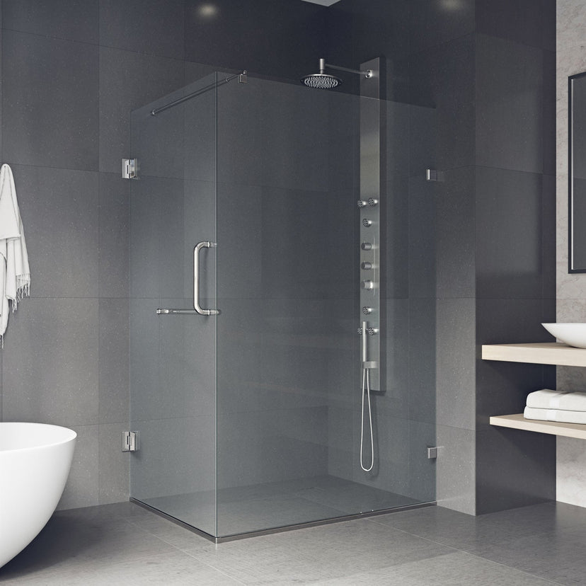 Double hinged shower door with reversible installation and brushed nickel finish