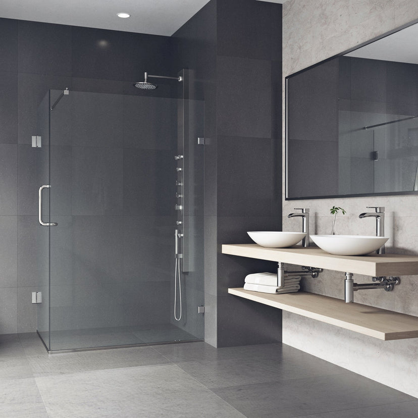 Tempered glass shower enclosure featuring towel bar and cool touch exterior