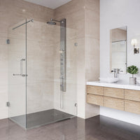 Contemporary frameless shower with brushed nickel hardware and clear tempered glass