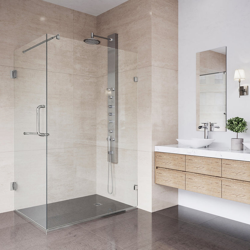 Contemporary frameless shower with brushed nickel hardware and clear tempered glass