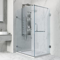 Brushed nickel frameless shower enclosure with tempered clear glass and double hinged door
