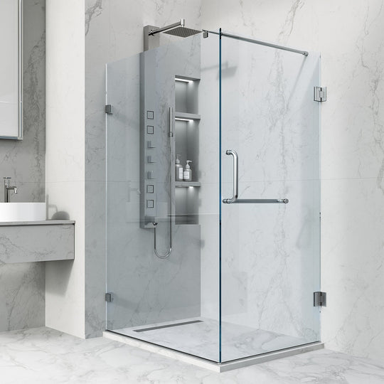 Brushed nickel frameless shower enclosure with tempered clear glass and double hinged door