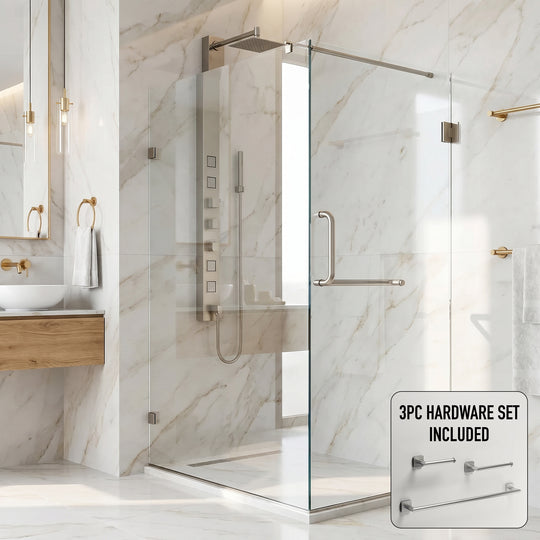Pacifica 46 in. L x 34 in. W x 73 in. H Frameless Hinged Rectangle Shower Enclosure and Satro 3-Piece Bath Hardware Set in Brushed Nickel