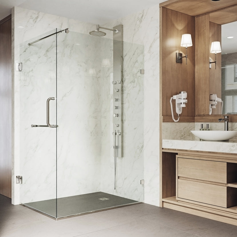 Pacifica 46 in. L x 34 in. W x 73 in. H Frameless Hinged Rectangle Shower Enclosure and Satro 3-Piece Bath Hardware Set in Brushed Nickel