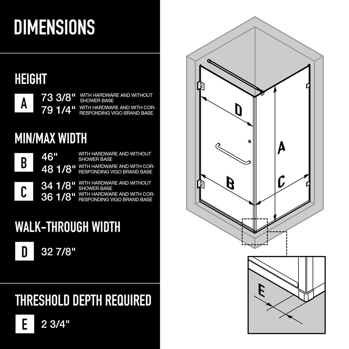 Pacifica 46 in. L x 34 in. W x 73 in. H Frameless Hinged Rectangle Shower Enclosure and Satro 3-Piece Bath Hardware Set in Brushed Nickel