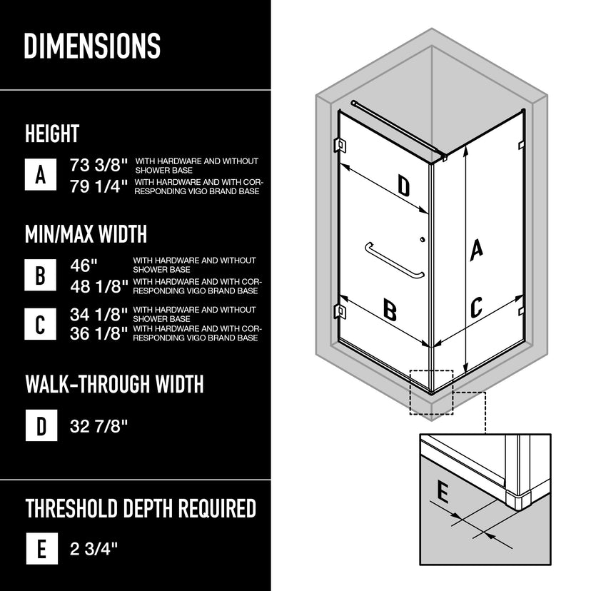 Pacifica 46 in. L x 34 in. W x 73 in. H Frameless Hinged Rectangle Shower Enclosure and Satro 3-Piece Bath Hardware Set in Brushed Nickel