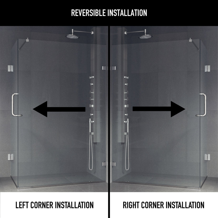 Pacifica 46 in. L x 34 in. W x 73 in. H Frameless Hinged Rectangle Shower Enclosure and Satro 3-Piece Bath Hardware Set in Brushed Nickel