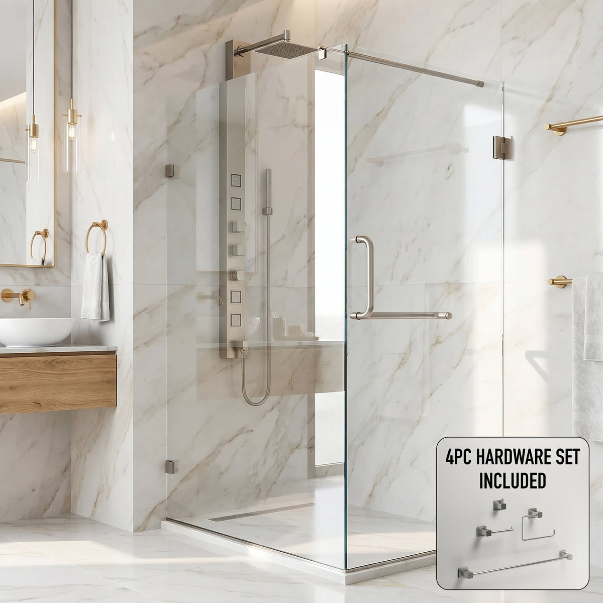 Pacifica 46 in. L x 34 in. W x 73 in. H Frameless Hinged Rectangle Shower Enclosure and Meridian 4-Piece Bath Hardware Set in Brushed Nickel