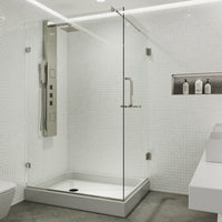 Frameless shower with slip resistant floor and double hinged door design