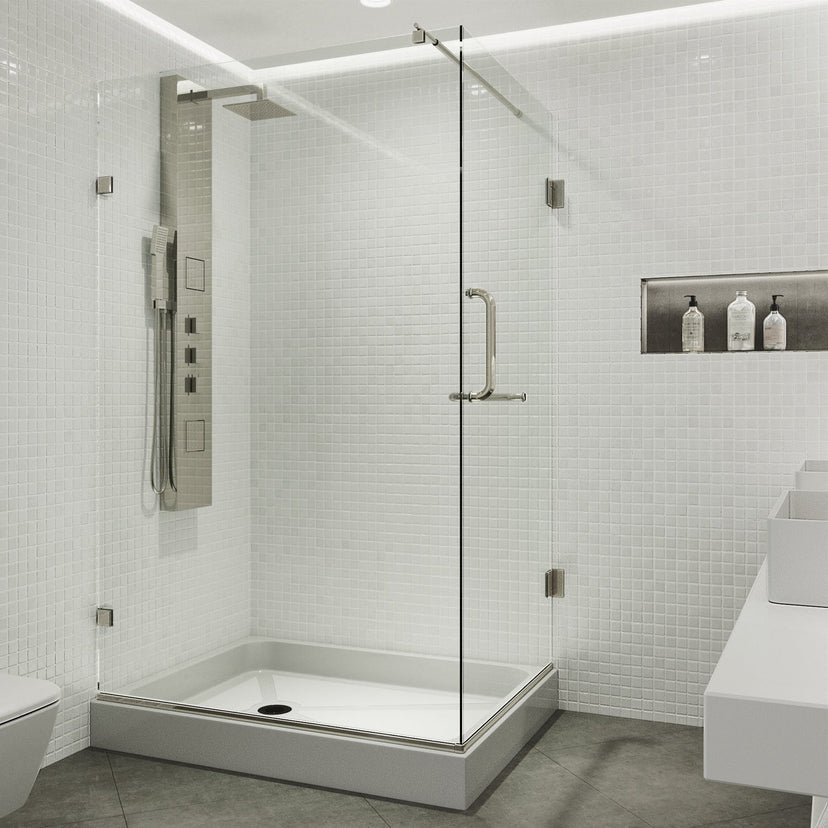 Frameless shower with slip resistant floor and double hinged door design