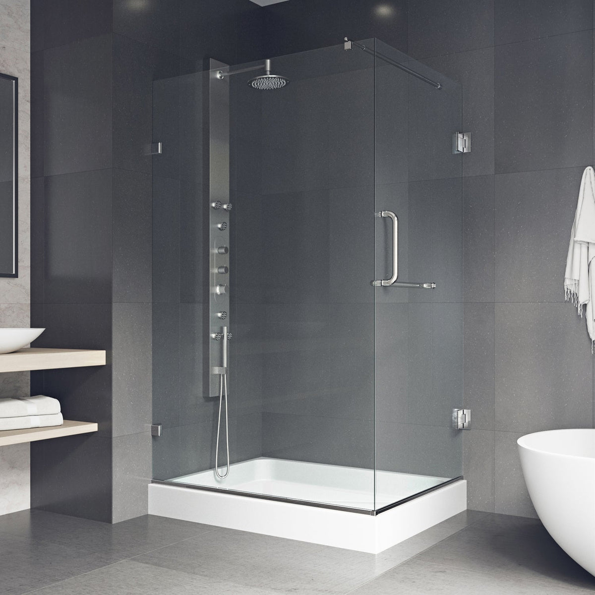 Double hinged shower with slip resistant floor and brushed nickel hardware
