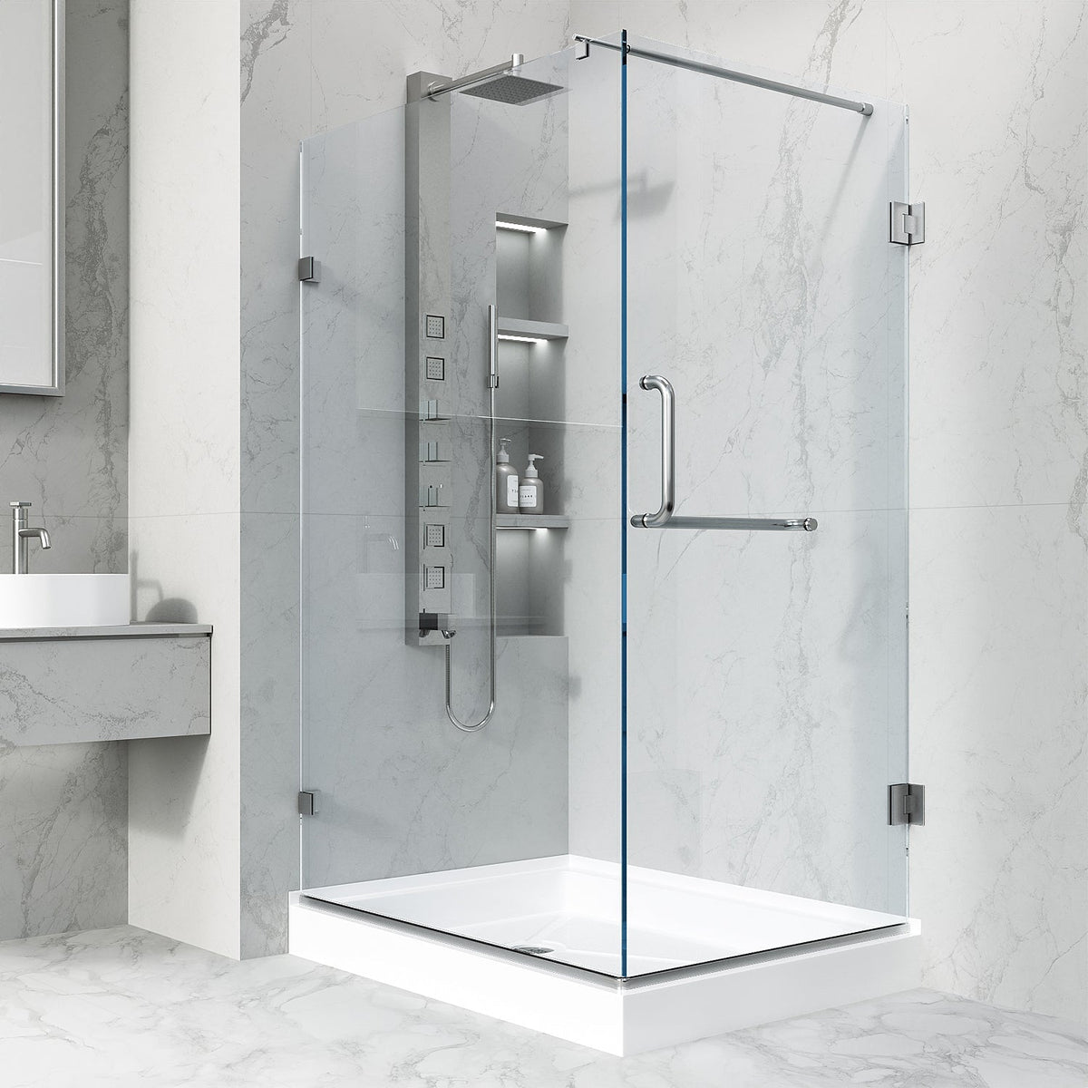 Brushed nickel shower enclosure with left installation and right-sided opening