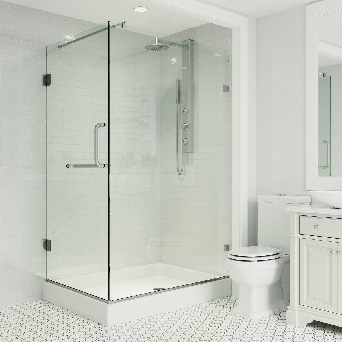 Frameless shower with double hinged door and slip resistant floor