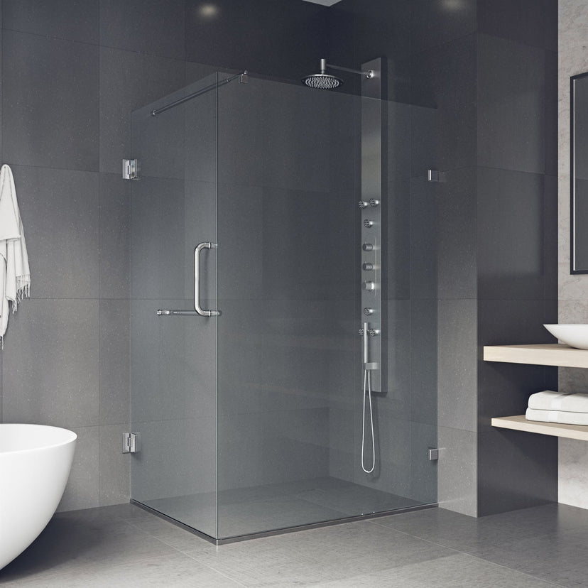 Clear glass shower enclosure with stainless steel hardware and chrome frame