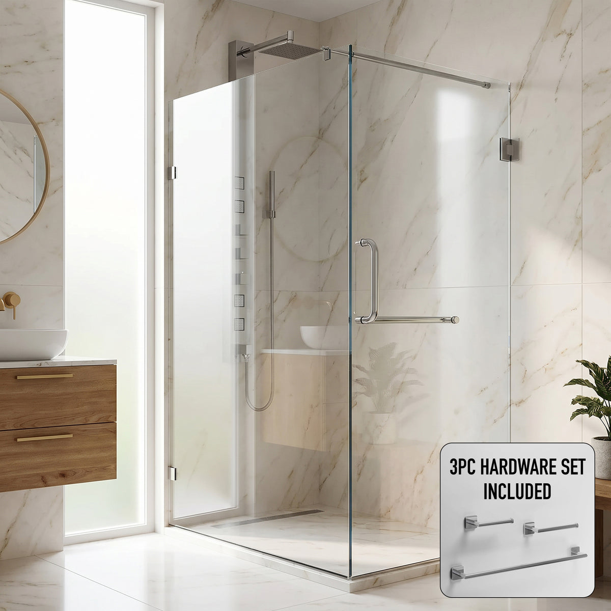 Pacifica 46 in. L x 34 in. W x 73 in. H Frameless Hinged Rectangle Shower Enclosure and Satro 3-Piece Bath Hardware Set in Chrome
