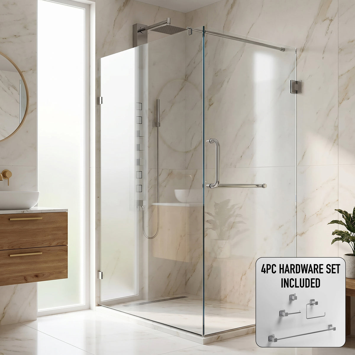 Pacifica 46 in. L x 34 in. W x 73 in. H Frameless Hinged Rectangle Shower Enclosure and Meridian 4-Piece Bath Hardware Set in Chrome