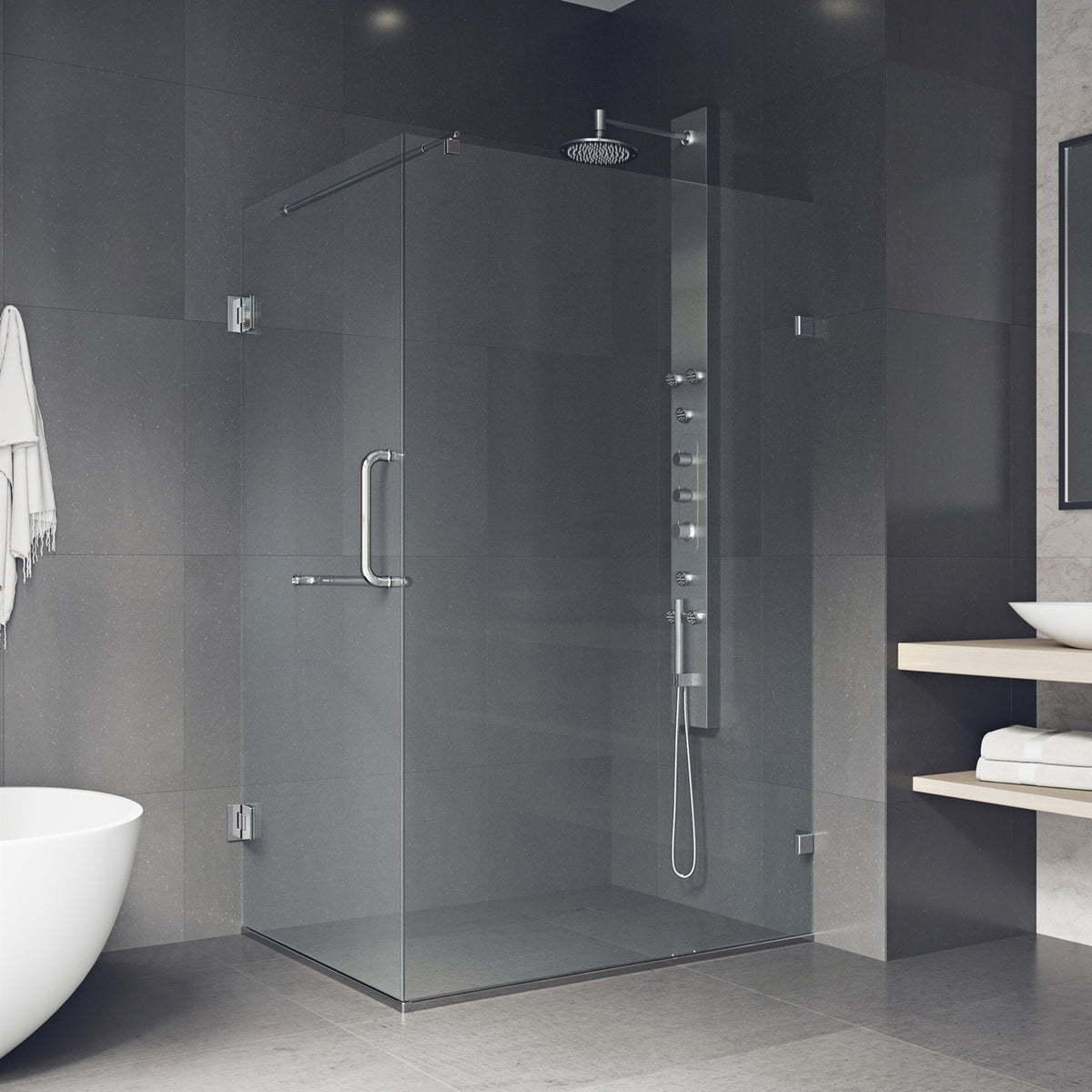 Pacifica 46 in. L x 34 in. W x 73 in. H Frameless Hinged Rectangle Shower Enclosure and Meridian 4-Piece Bath Hardware Set in Chrome