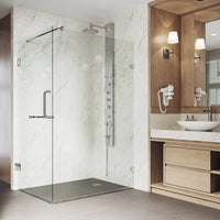 Pacifica 46 in. L x 34 in. W x 73 in. H Frameless Hinged Rectangle Shower Enclosure and Meridian 4-Piece Bath Hardware Set in Chrome
