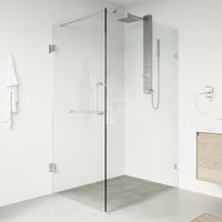 Pacifica 46 in. L x 34 in. W x 73 in. H Frameless Hinged Rectangle Shower Enclosure and Meridian 4-Piece Bath Hardware Set in Chrome