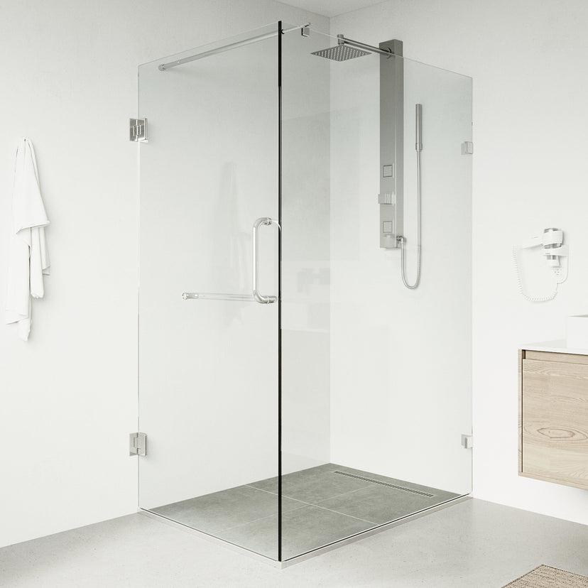 Pacifica 46 in. L x 34 in. W x 73 in. H Frameless Hinged Rectangle Shower Enclosure and Meridian 4-Piece Bath Hardware Set in Chrome