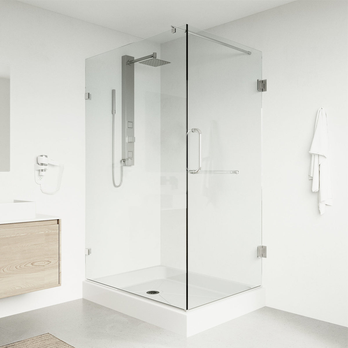 Frameless shower with slip resistant floor and double hinged door design