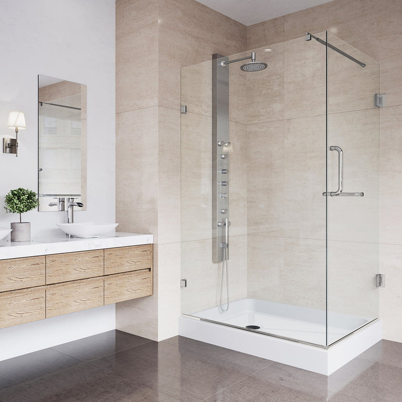Modern shower door with configurable handle position and chrome finish