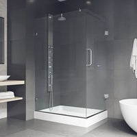 Double hinged shower with slip resistant floor and chrome hardware