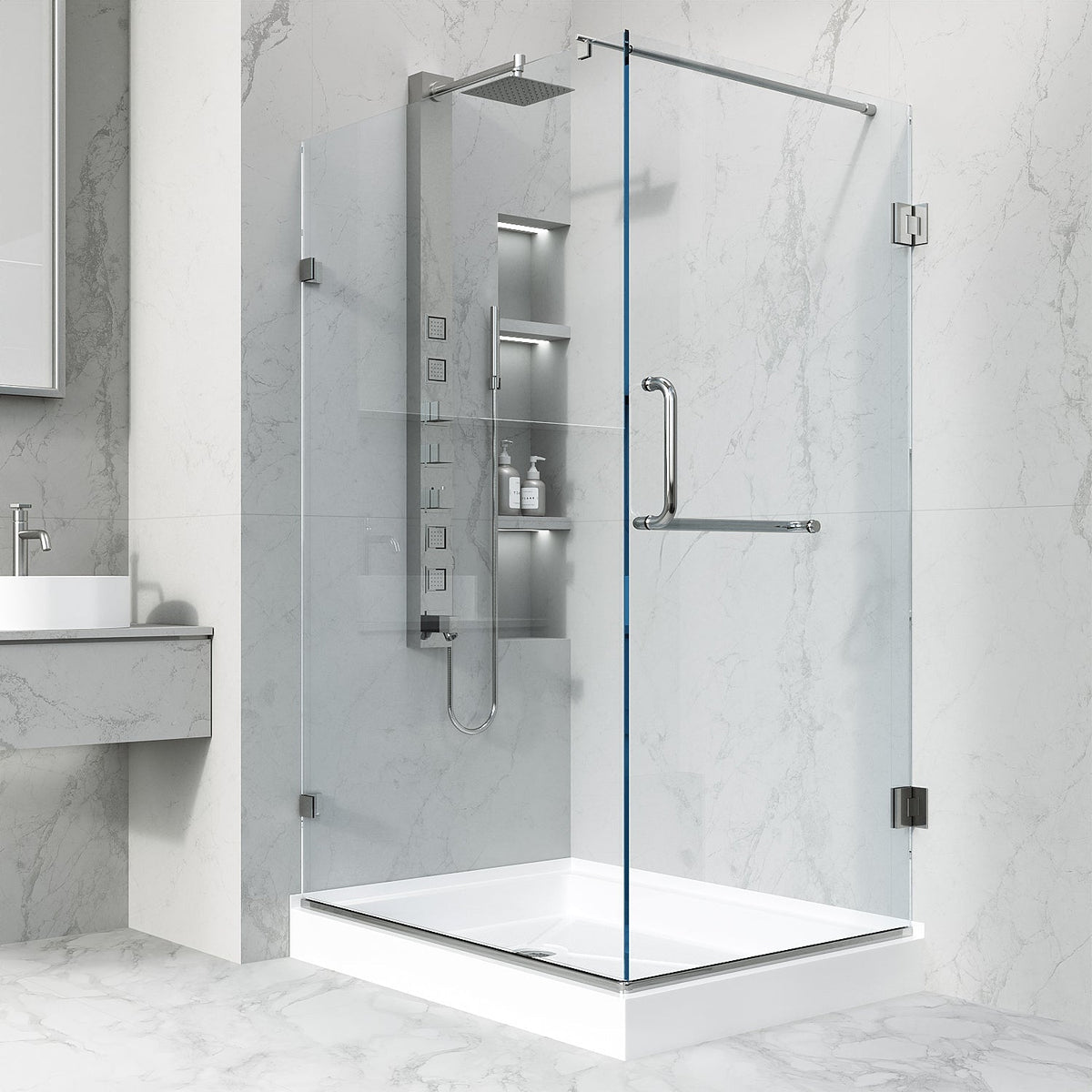 Chrome shower enclosure with left installation and left-sided opening