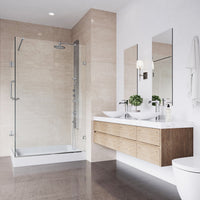 Modern shower enclosure with configurable handle position and chrome finish