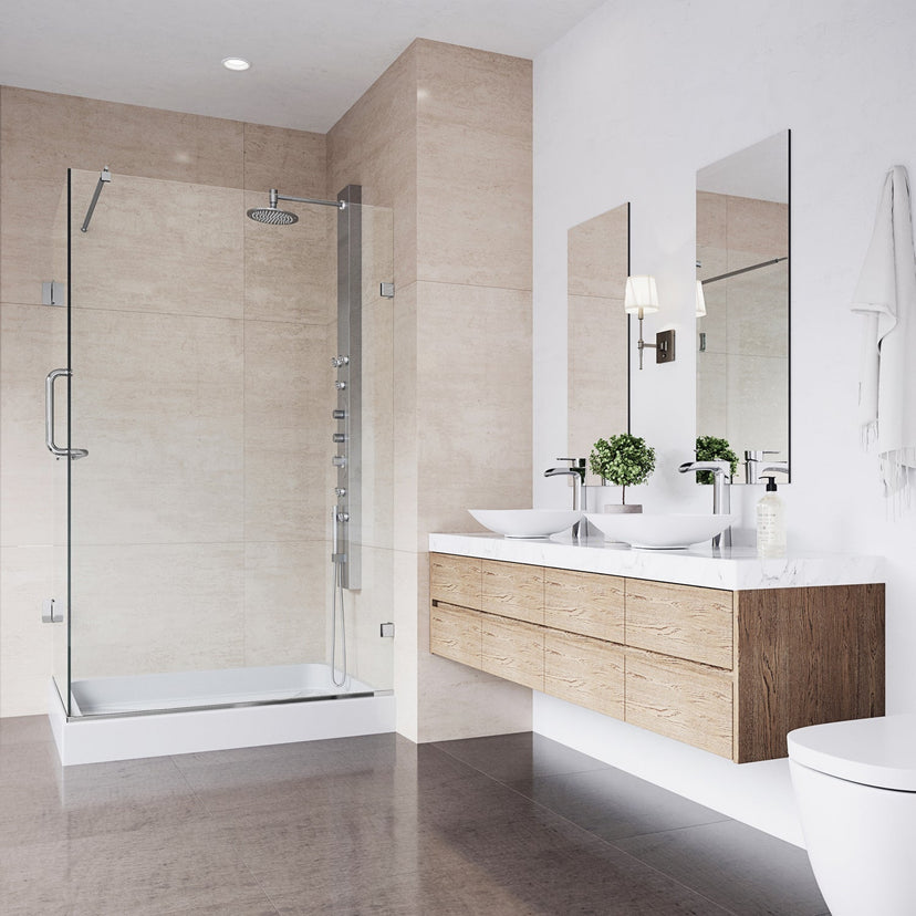 Modern shower enclosure with configurable handle position and chrome finish