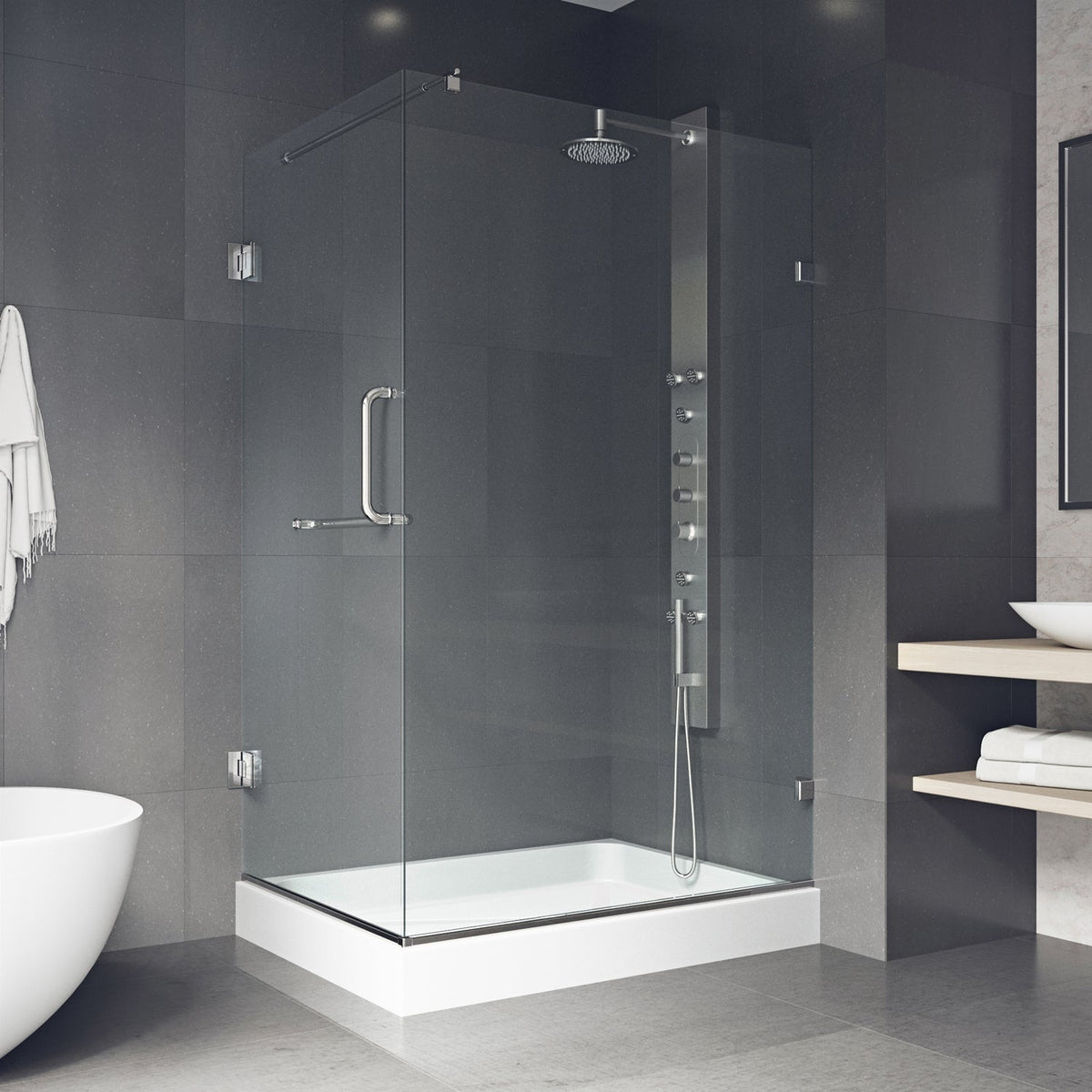 Double hinged shower with right-sided opening and chrome hardware