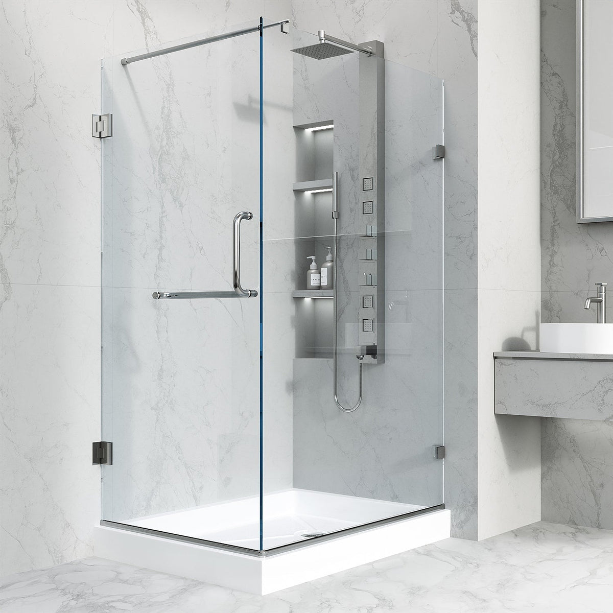 Shower enclosure with 79-inch height and right-sided opening design