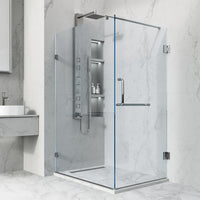 Chrome frameless shower enclosure with tempered clear glass and double hinged door