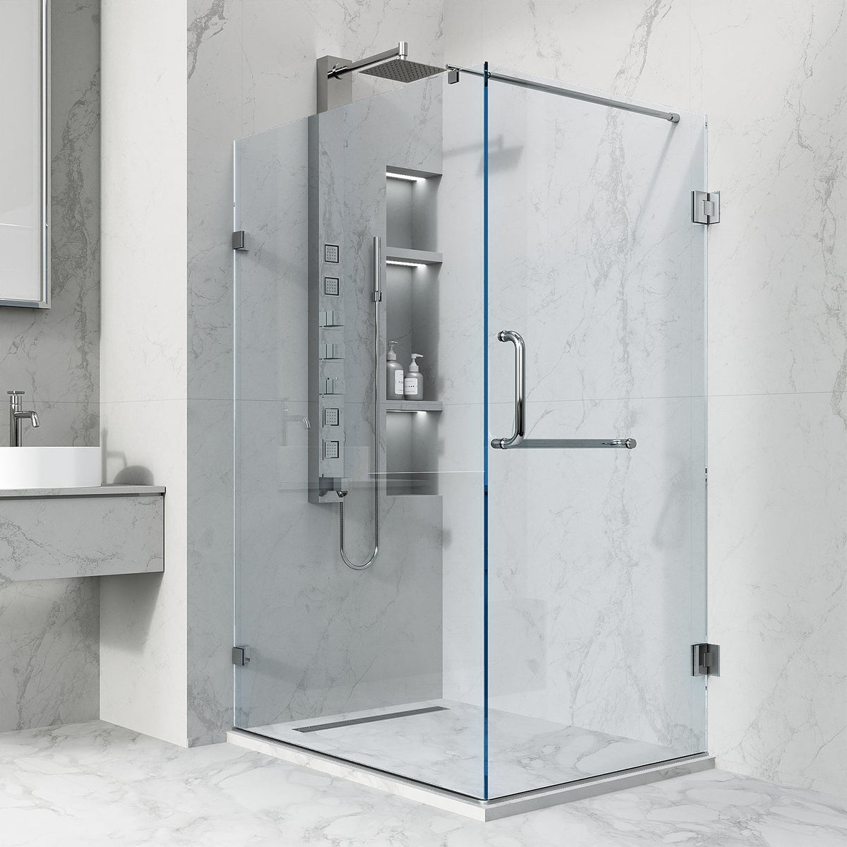 Chrome frameless shower enclosure with tempered clear glass and double hinged door