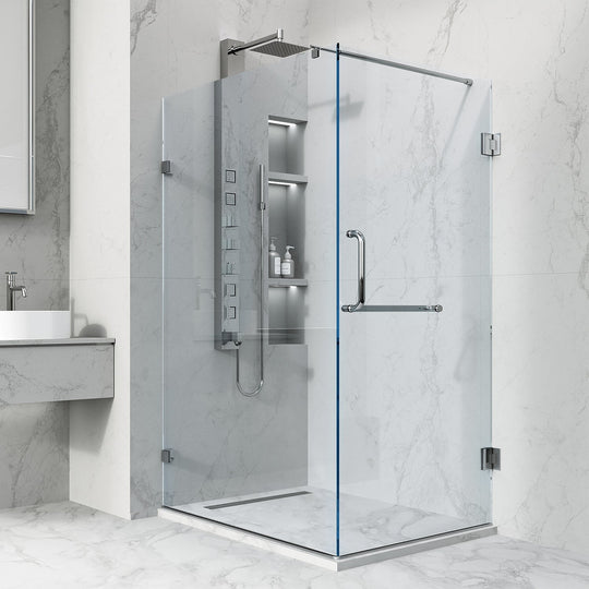 Chrome frameless shower enclosure with tempered clear glass and double hinged door
