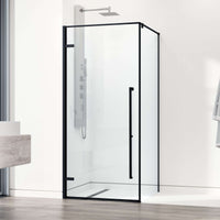Matte black framed shower enclosure with clear tempered glass and bar handle