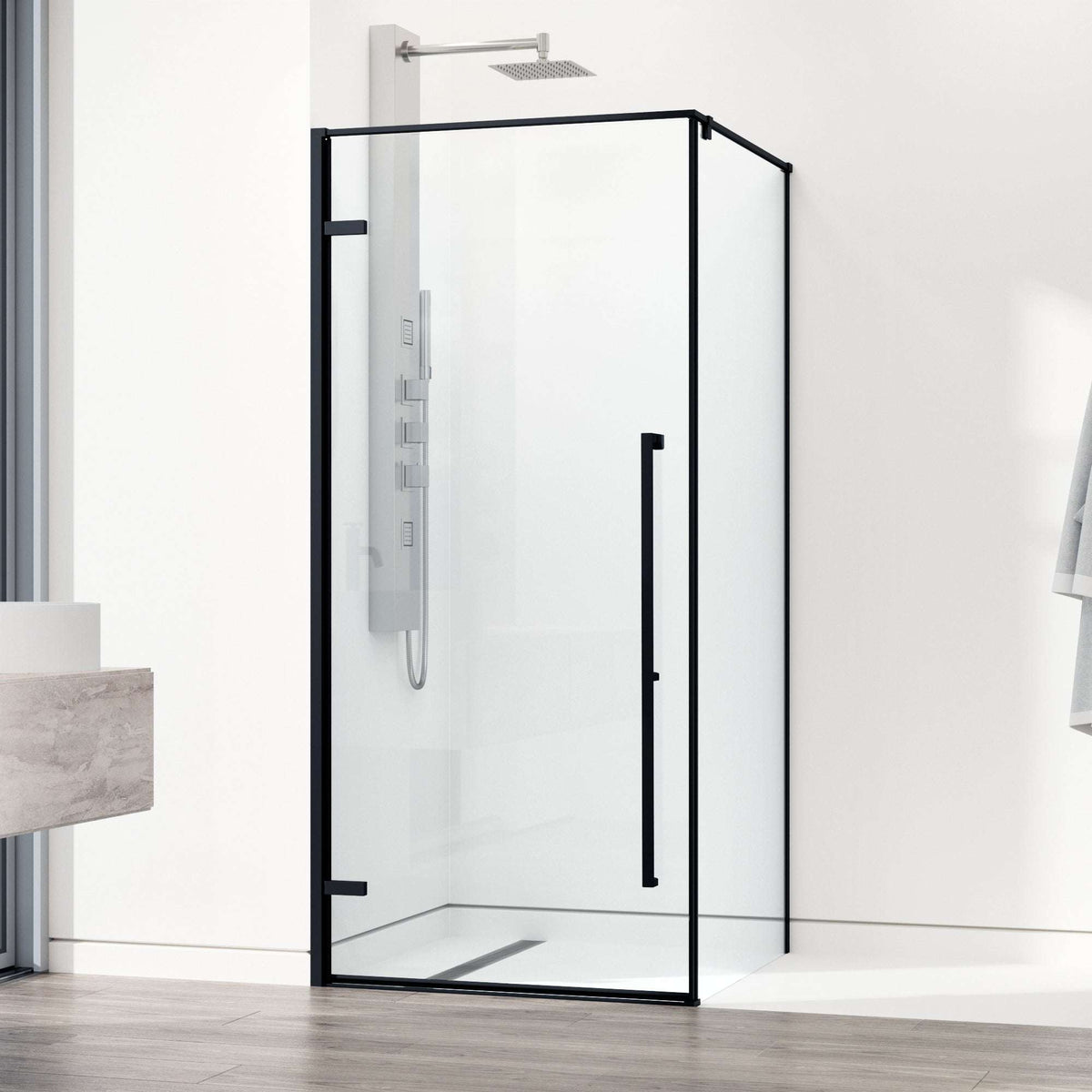 Matte black framed shower enclosure with clear tempered glass and bar handle