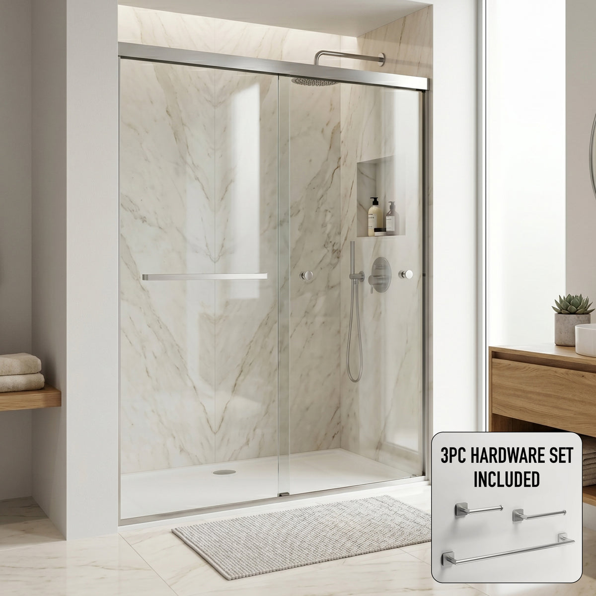 Satro E-Class 52 to 60 in. W x 74 in. H Semi-Frameless Double-Sliding Shower Door and Satro 3-Piece Bath Hardware Set in Brushed Nickel