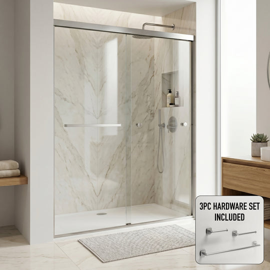 Satro E-Class 52 to 60 in. W x 74 in. H Semi-Frameless Double-Sliding Shower Door and Satro 3-Piece Bath Hardware Set in Brushed Nickel