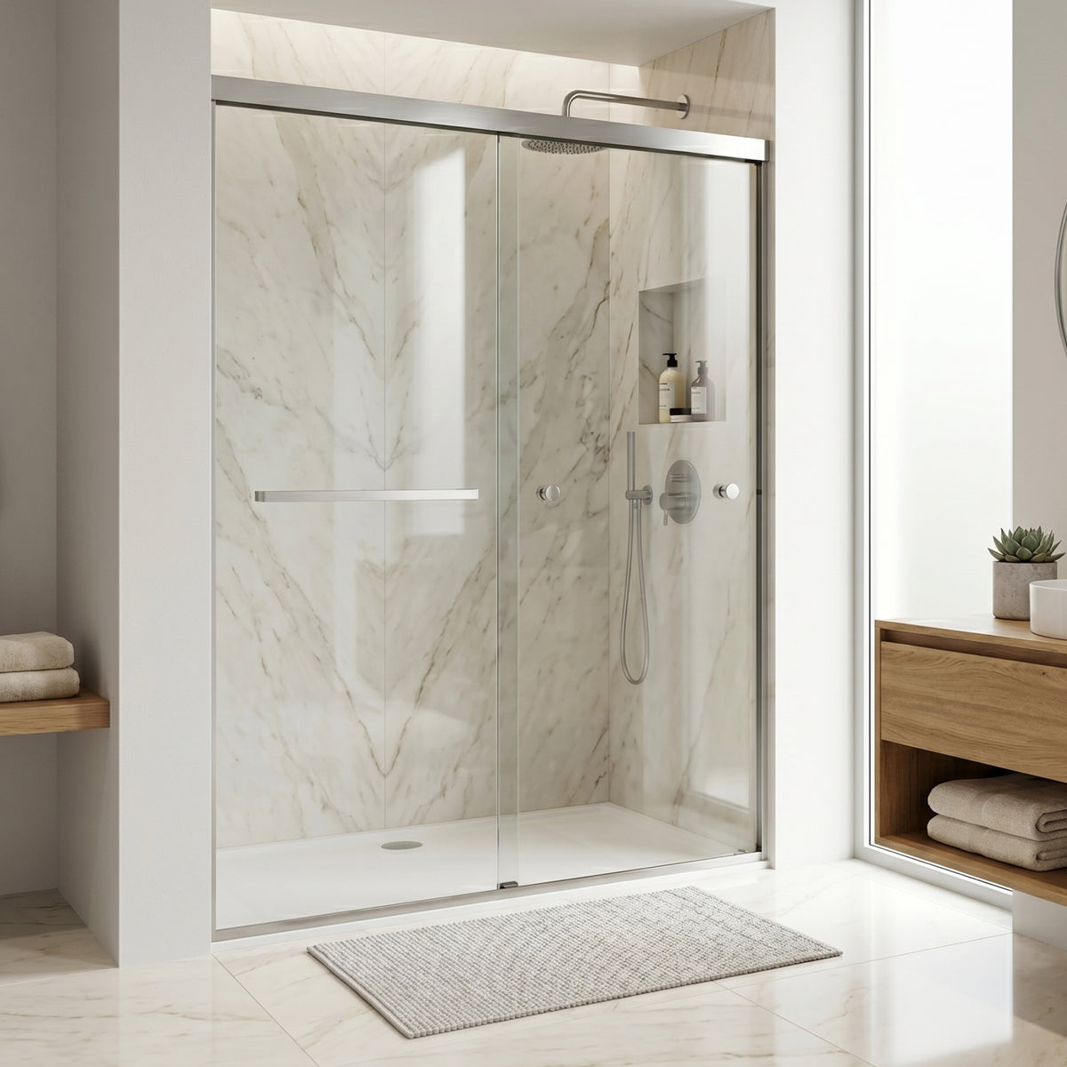 Satro E-Class 52 to 60 in. W x 74 in. H Semi-Frameless Double-Sliding Shower Door and Satro 3-Piece Bath Hardware Set in Brushed Nickel