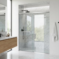 Satro E-Class 52 to 60 in. W x 74 in. H Semi-Frameless Double-Sliding Shower Door and Satro 3-Piece Bath Hardware Set in Brushed Nickel