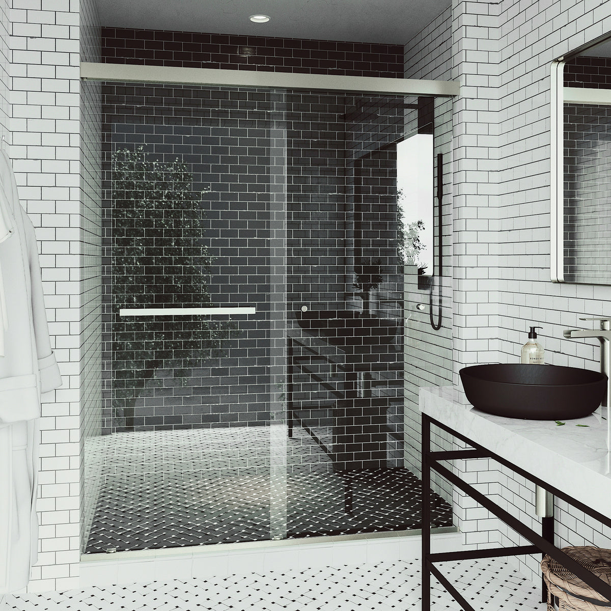 Satro E-Class 52 to 60 in. W x 74 in. H Semi-Frameless Double-Sliding Shower Door and Satro 3-Piece Bath Hardware Set in Brushed Nickel