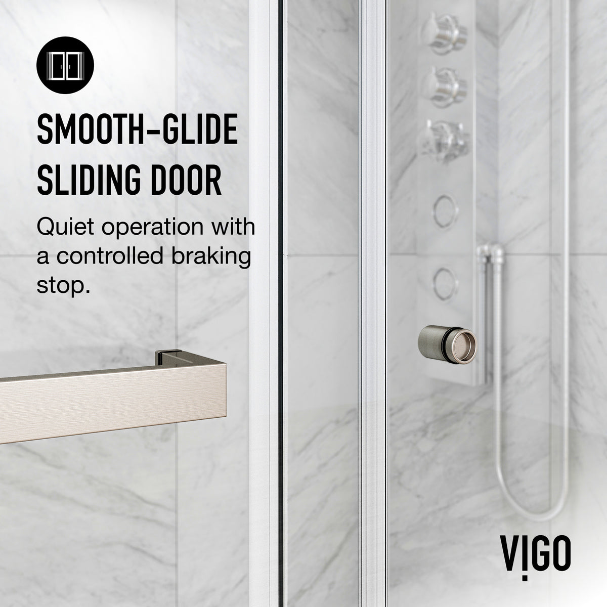 Satro E-Class 52 to 60 in. W x 74 in. H Semi-Frameless Double-Sliding Shower Door and Satro 3-Piece Bath Hardware Set in Brushed Nickel
