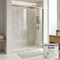 Satro E-Class 52 to 60 in. W x 74 in. H Semi-Frameless Double-Sliding Shower Door and Meridian 4-Piece Bath Hardware Set in Brushed Nickel