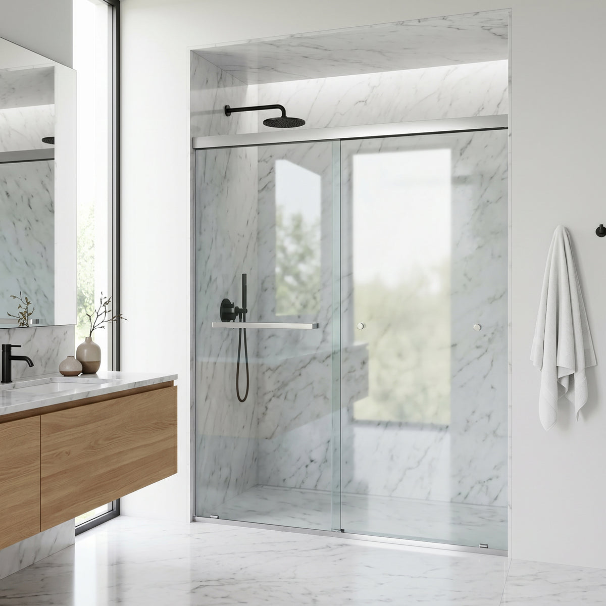 Satro E-Class 52 to 60 in. W x 74 in. H Semi-Frameless Double-Sliding Shower Door and Meridian 4-Piece Bath Hardware Set in Brushed Nickel