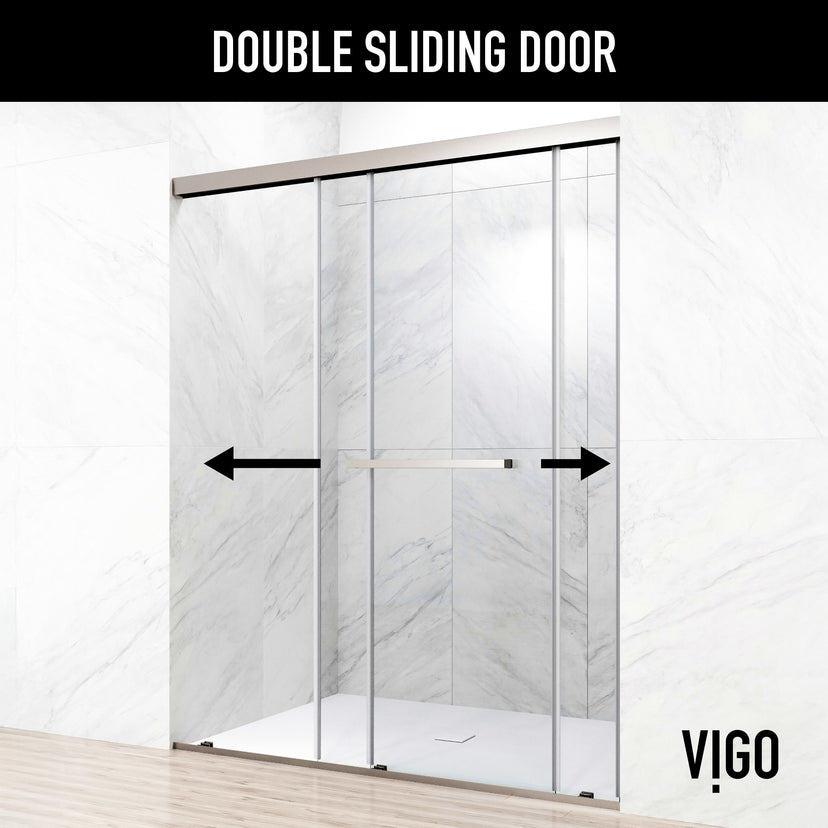 Satro E-Class 52 to 60 in. W x 74 in. H Semi-Frameless Double-Sliding Shower Door and Meridian 4-Piece Bath Hardware Set in Brushed Nickel