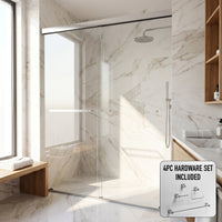 Satro E-Class 52 to 60 in. W x 74 in. H Semi-Frameless Double-Sliding Shower Door and Meridian 4-Piece Bath Hardware Set in Chrome