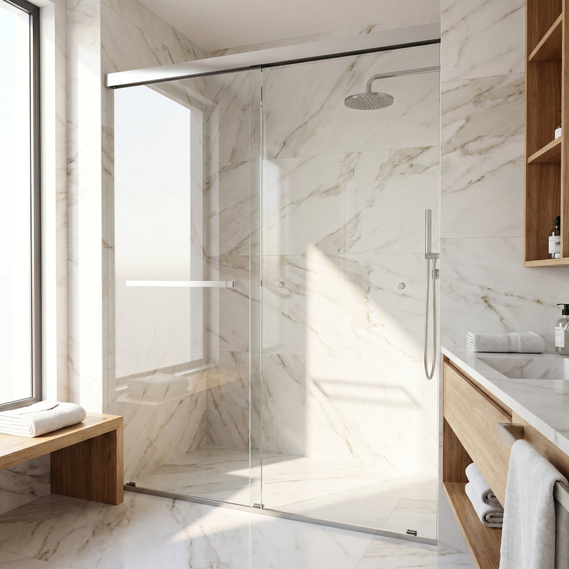 Satro E-Class 52 to 60 in. W x 74 in. H Semi-Frameless Double-Sliding Shower Door and Meridian 4-Piece Bath Hardware Set in Chrome