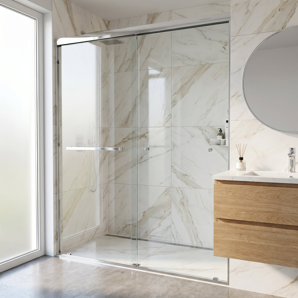 Satro E-Class 52 to 60 in. W x 74 in. H Semi-Frameless Double-Sliding Shower Door and Meridian 4-Piece Bath Hardware Set in Chrome