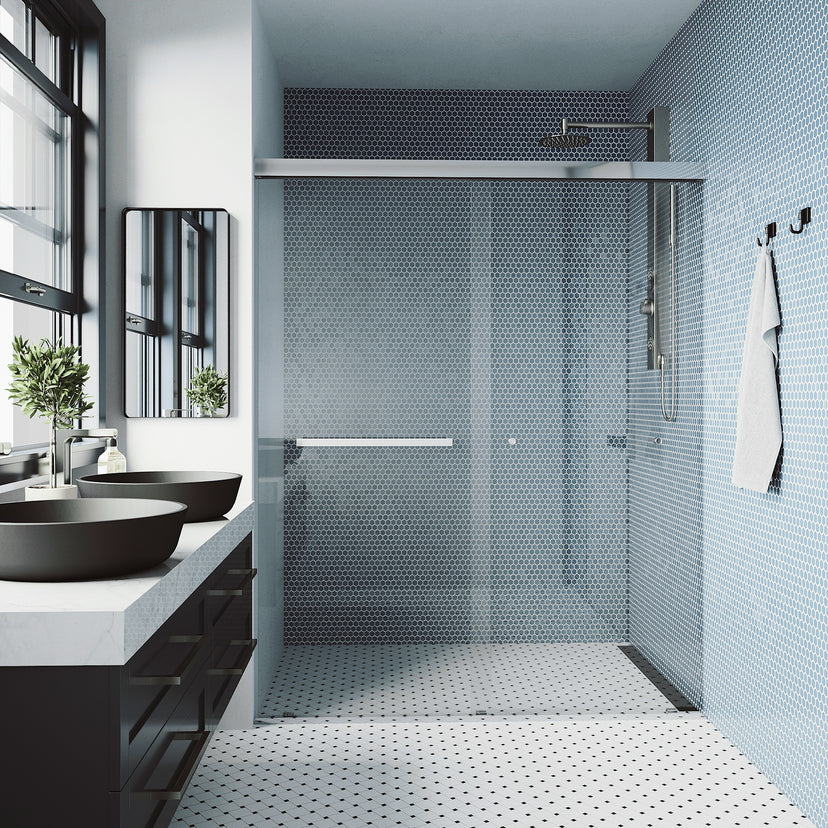 Satro E-Class 52 to 60 in. W x 74 in. H Semi-Frameless Double-Sliding Shower Door and Meridian 4-Piece Bath Hardware Set in Chrome